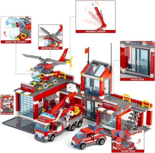 City Fire Station Building Kit, 774 Pcs Building Set Including Fire Station, Fire Truck, Fire Helicopter,Fire Fighter, City Building Blocks STEM Toys Gift for Boys 6-10 Years Old.