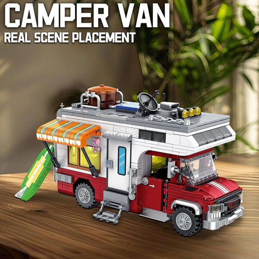 Camping Van Construction Toy 924 Pieces Building Block Set with Picnic Table Grill & Fire Scene Gift for Kids Teens & Vehicle Fans