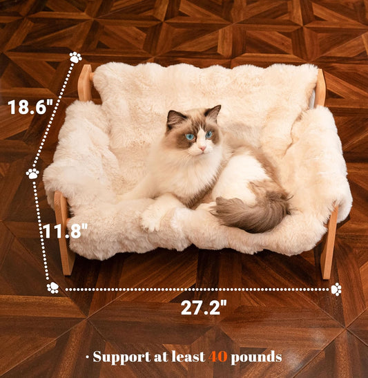 Elevated Wooden Cat Sofa Bed with Removable Washable Cover, Off-White